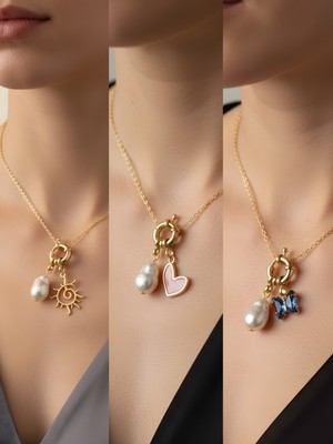 NKT Collection Mavi Kelebek Güneş Pembe Kalp Incili Kolye