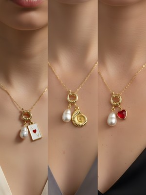 NKT Collection Kırmızı Kalp Deniz Kabuğu Kupa As Incili Kolye