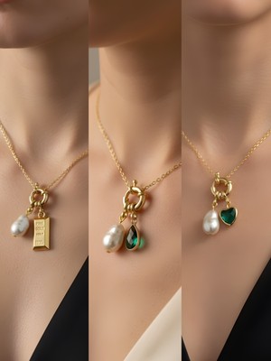 NKT Collection Zümrüt Yeşili Kalp Zümrüt Yeşili Damla Külçe Altın Incili Kolye