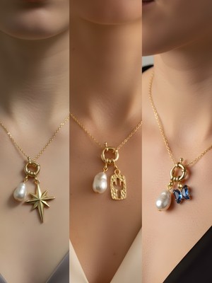 NKT Collection Mavi Kelebek Kaktüs Kutup Yıldızı Incili Kolye