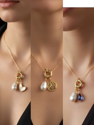 NKT Collection Mavi Damla Hayat Ağacı Beyaz Kalp Incili Kolye