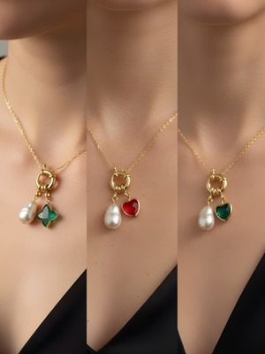 NKT Collection Zümrüt Yeşili Kalp Kırmızı Kalp Zümrüt Yeşili Yıldız Incili Kolye