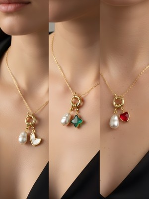 NKT Collection Kırmızı Kalp Zümrüt Yeşili Yıldız Beyaz Kalp Incili Kolye