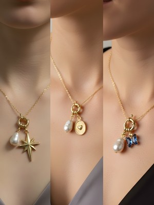 NKT Collection Mavi Kelebek Kabartma Kalp Kutup Yıldızı Incili Kolye