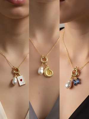 NKT Collection Mavi Kelebek Deniz Kabuğu Kupa As Incili Kolye