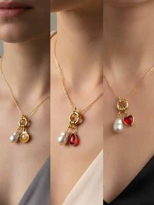 NKT Collection Kırmızı Kalp Kırmızı Damla Midye Incili Kolye