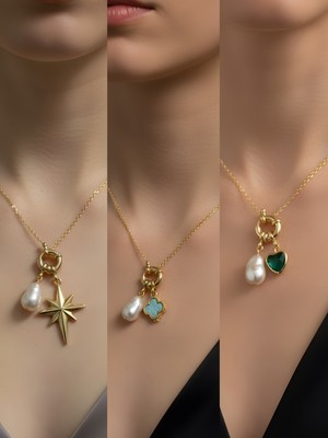 NKT Collection Zümrüt Yeşili Kalp Turkuaz Yonca Kutup Yıldızı Incili Kolye