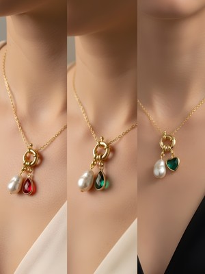 NKT Collection Zümrüt Yeşili Kalp Kırmızı Damla Zümrüt Yeşili Damla Incili Kolye