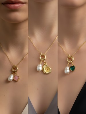 NKT Collection Zümrüt Yeşili Kalp Deniz Kabuğu Pembe Yonca Incili Kolye