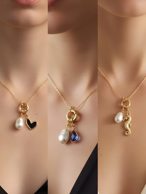 NKT Collection Deniz Atı Mavi Damla Siyah Kalp Incili Kolye