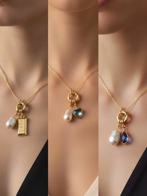 NKT Collection Mavi Damla Turkuaz Kalp Külçe Altın Incili Kolye