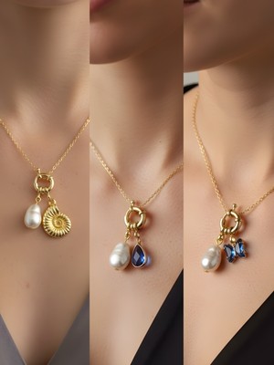 NKT Collection Mavi Kelebek Mavi Damla Deniz Kabuğu Incili Kolye