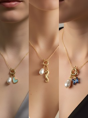 NKT Collection Deniz Atı Mavi Kelebek Turkuaz Kalp Incili Kolye