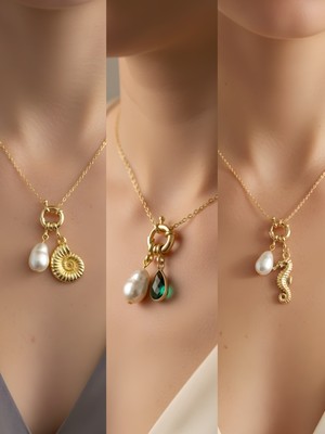 NKT Collection Deniz Atı Zümrüt Yeşili Damla Deniz Kabuğu Incili Kolye