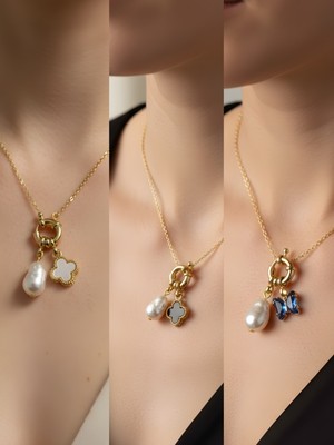 NKT Collection Mavi Kelebek Siyah Yonca Beyaz Yonca Incili Kolye