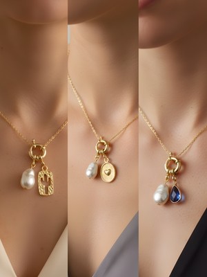 NKT Collection Mavi Damla Kabartma Kalp Kaktüs Incili Kolye