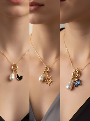 NKT Collection Mavi Kelebek Güneş Siyah Kalp Incili Kolye