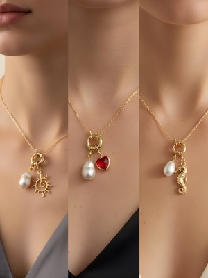 NKT Collection Deniz Atı Kırmızı Kalp Güneş Incili Kolye