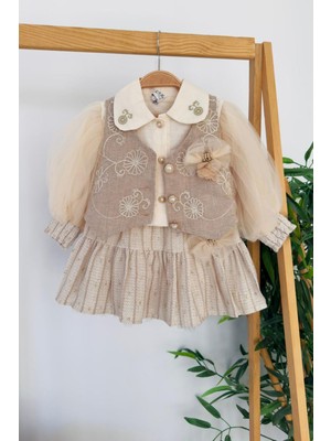 Miniğimin Cicileri Vintage Nakış Detaylı Yelekli Kız Çocuk Elbise Takımı - Kahverengi