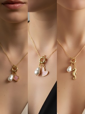 NKT Collection Deniz Atı Pembe Kalp Pembe Yonca Incili Kolye