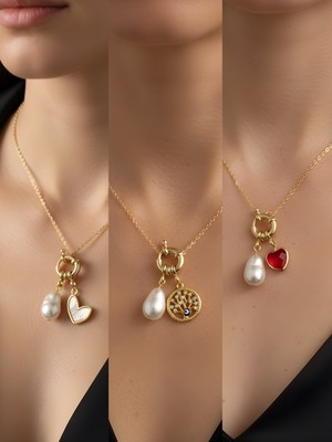 NKT Collection Kırmızı Kalp Hayat Ağacı Beyaz Kalp Incili Kolye