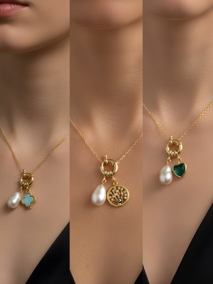 NKT Collection Zümrüt Yeşili Kalp Hayat Ağacı Turkuaz Yonca Incili Kolye