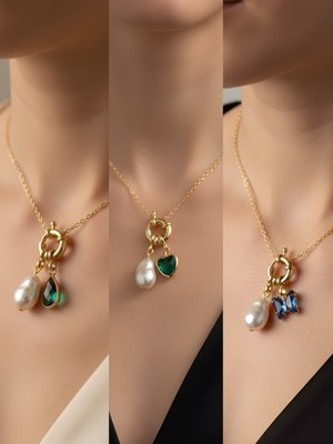 NKT Collection Zümrüt Yeşili Kalp Mavi Kelebek Zümrüt Yeşili Damla Incili Kolye