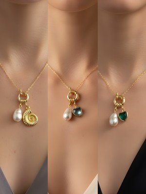 NKT Collection Zümrüt Yeşili Kalp Turkuaz Kalp Deniz Kabuğu Incili Kolye