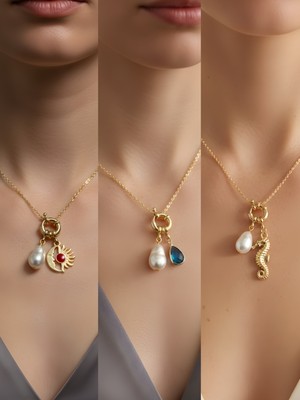 NKT Collection Deniz Atı Turkuaz Damla Ay Güneş Incili Kolye