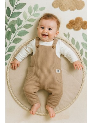 Aki Moda Kids Erkek Bebek Penye Waffle Kumaş Salopet Pantolon Sweatshırt 2 Parça Erkek Bebek Takım