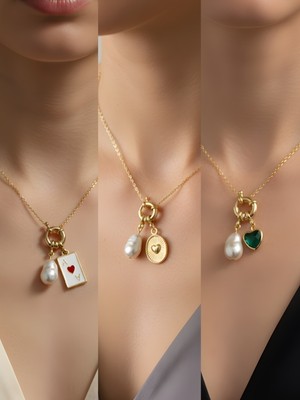 NKT Collection Zümrüt Yeşili Kalp Kabartma Kalp Kupa As Incili Kolye