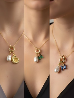 NKT Collection Mavi Kelebek Zümrüt Yeşili Kelebek Deniz Kabuğu Incili Kolye