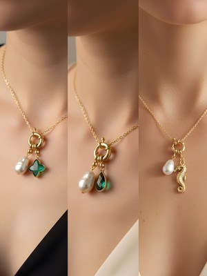 NKT Collection Deniz Atı Zümrüt Yeşili Damla Zümrüt Yeşili Yıldız Incili Kolye