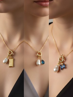 NKT Collection Mavi Kelebek Turkuaz Damla Külçe Altın Incili Kolye