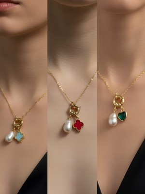 NKT Collection Zümrüt Yeşili Kalp Kırmızı Yonca Turkuaz Yonca Incili Kolye