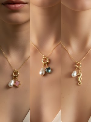 NKT Collection Deniz Atı Turkuaz Kalp Pembe Yonca Incili Kolye