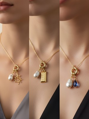 NKT Collection Mavi Damla Güneş Külçe Altın Incili Kolye