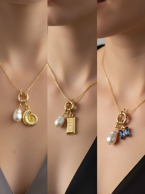 NKT Collection Mavi Kelebek Deniz Kabuğu Külçe Altın Incili Kolye