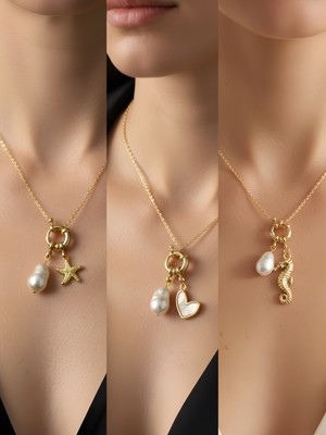 NKT Collection Deniz Atı Beyaz Kalp Deniz Yıldızı Incili Kolye