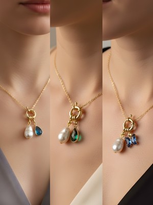 NKT Collection Mavi Kelebek Zümrüt Yeşili Damla Turkuaz Damla Incili Kolye