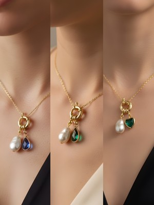 NKT Collection Zümrüt Yeşili Kalp Mavi Damla Zümrüt Yeşili Damla Incili Kolye