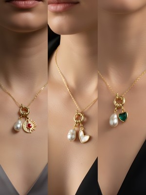 NKT Collection Zümrüt Yeşili Kalp Beyaz Kalp Kalpli Zarf Incili Kolye