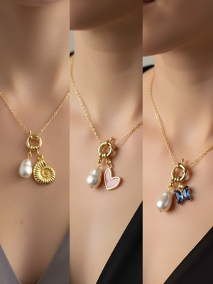 NKT Collection Mavi Kelebek Pembe Kalp Deniz Kabuğu Incili Kolye