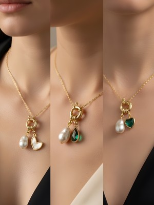 NKT Collection Zümrüt Yeşili Kalp Zümrüt Yeşili Damla Beyaz Kalp Incili Kolye