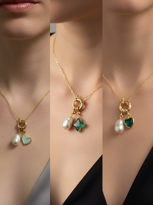 NKT Collection Zümrüt Yeşili Kalp Zümrüt Yeşili Yıldız Turkuaz Kalp Incili Kolye