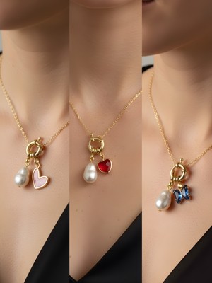 NKT Collection Kırmızı Kalp Mavi Kelebek Pembe Kalp Incili Kolye