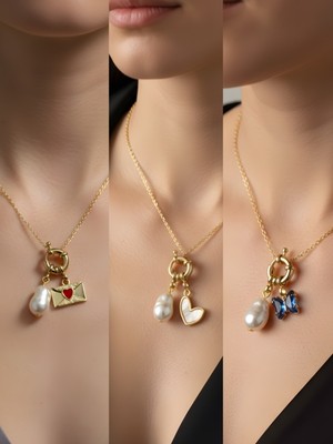 NKT Collection Mavi Kelebek Beyaz Kalp Kalpli Zarf Incili Kolye