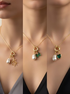 NKT Collection Zümrüt Yeşili Kalp Zümrüt Yeşili Kelebek Güneş Incili Kolye