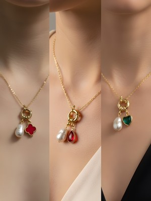 NKT Collection Zümrüt Yeşili Kalp Kırmızı Damla Kırmızı Yonca Incili Kolye