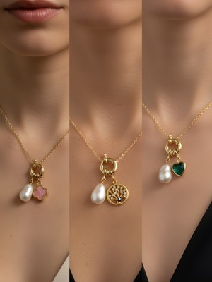 NKT Collection Zümrüt Yeşili Kalp Hayat Ağacı Pembe Yonca Incili Kolye